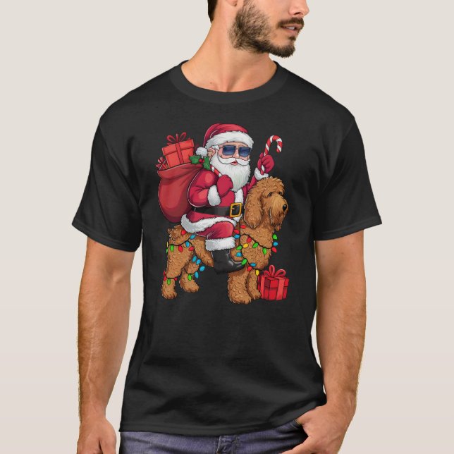 Camiseta Xmas Lighting Santa Riding Goldendoodle Dog Christ (Anverso)