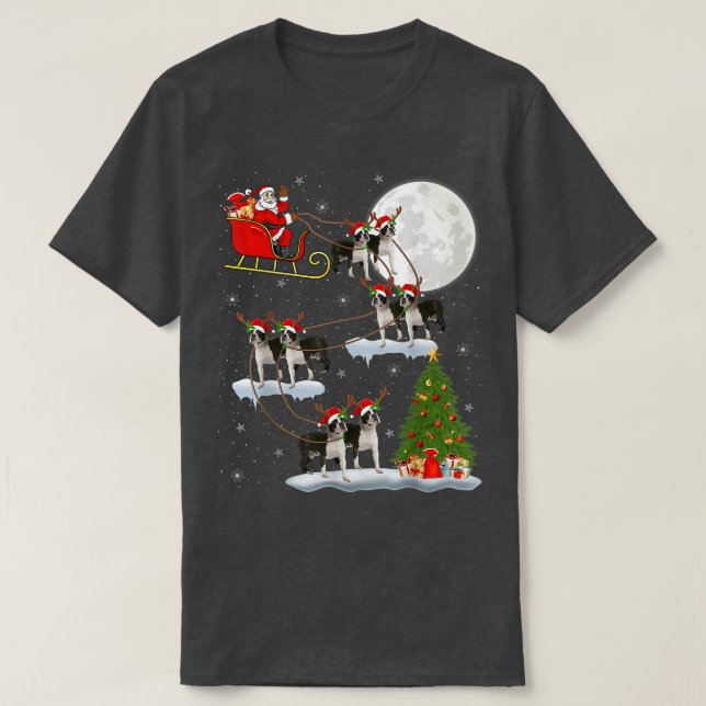 Camiseta Xmas Lighting Tree Santa Riding Boston Terrier Chr (Diseño del anverso)