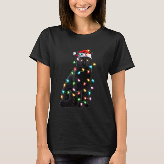 Camiseta Xmas Lights Santa Hat Black Cat Christmas (Anverso)