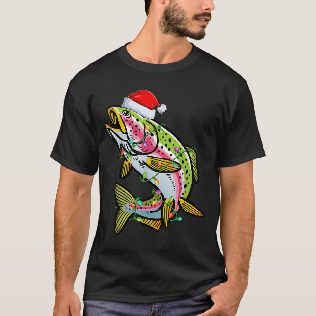 Camiseta Xmas Lights Santa Hat Rainbow Trout Fish Christmas (Anverso)