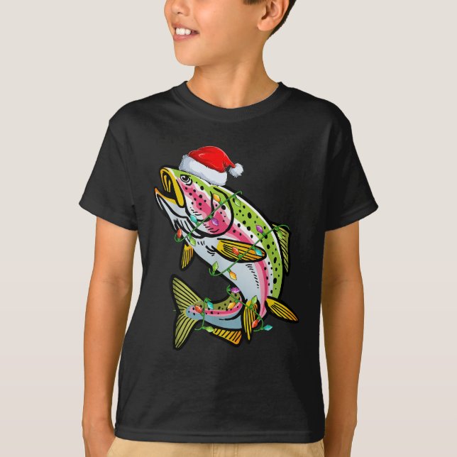 Camiseta Xmas Lights Santa Hat Rainbow Trout Fish Christmas (Anverso)
