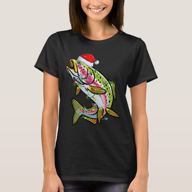 Camiseta Xmas Lights Santa Hat Rainbow Trout Fish Christmas (Anverso)