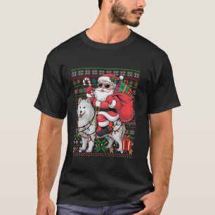 Camiseta Xmas Luces Santa Riding estilo feo Perro Samoyed C