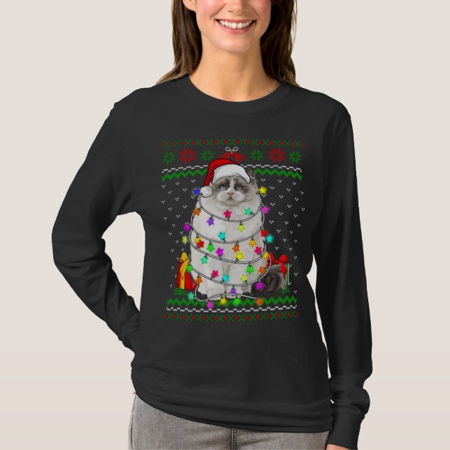 Camiseta Xmas Navidades suéteres feos iluminan el gato gati (Anverso)