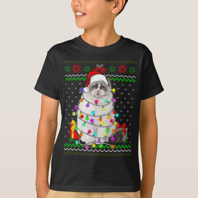 Camiseta Xmas Navidades suéteres feos iluminan el gato gati (Anverso)
