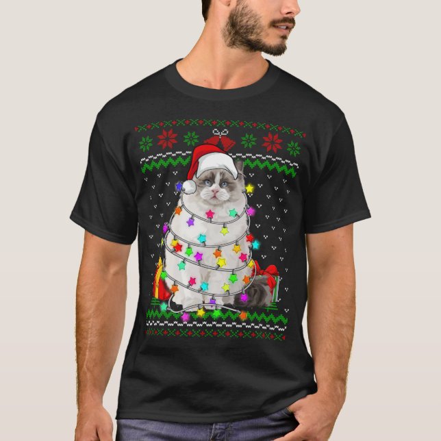 Camiseta Xmas Navidades suéteres feos iluminan el gato gati (Anverso)