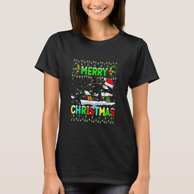 Camiseta Xmas Orca Fish Lighting Santa Hat Feliz Navidad (Anverso)
