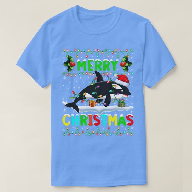 Camiseta Xmas Orca Fish Lighting Santa Hat Feliz Navidad  (Diseño del anverso)