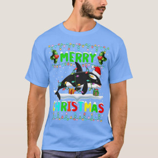 Camiseta Xmas Orca Fish Lighting Santa Hat Feliz Navidad 