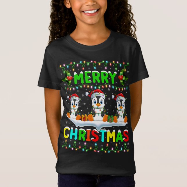 Camiseta Xmas Pingüino Ave iluminando Santa Hat Feliz Navid (Anverso)