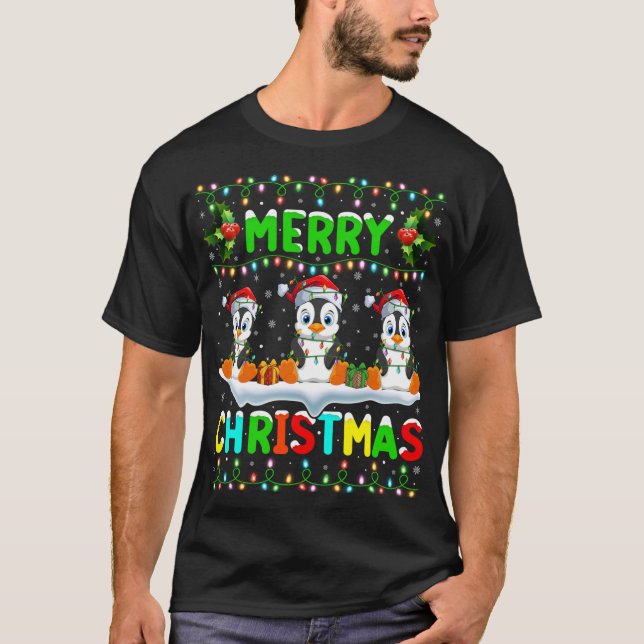 Camiseta Xmas Pingüino Ave iluminando Santa Hat Feliz Navid (Anverso)