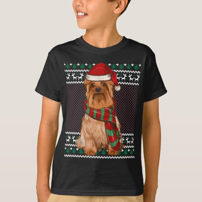 Camiseta Xmas Silky Terrier Dog Santa Hat Feo Navidades (Anverso)