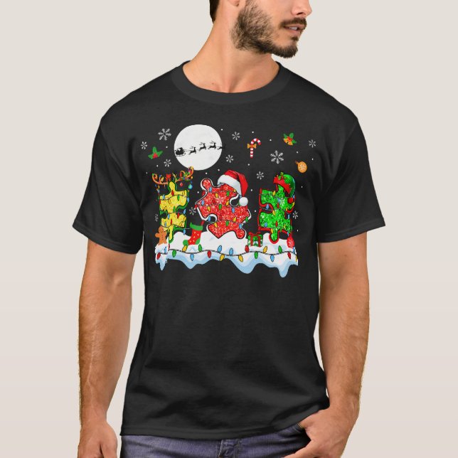 Camiseta Xmas Three Santa Reindeer Elf Autism Awareness Puz (Anverso)