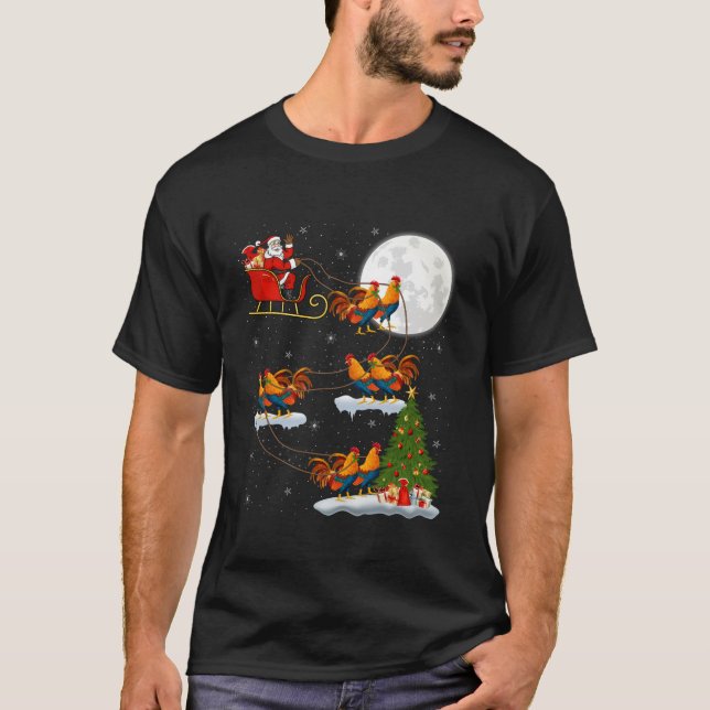 Camiseta Xmas Tree Lights Funny Santa Riding Rooster Bird C (Anverso)