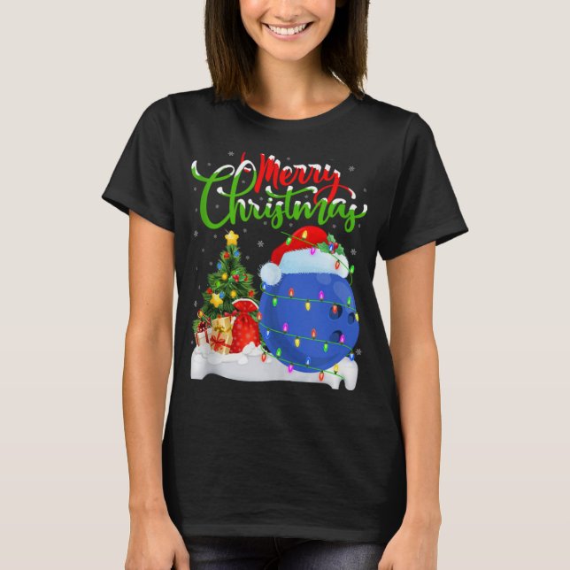 Camiseta Xmas Tree Lights Santa Hat Bowling Ball Christmas  (Anverso)