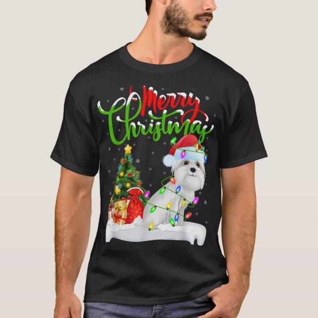 Camiseta Xmas Tree Lights Santa Hat Maltese Dog Christmas T (Anverso)