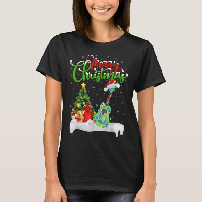 Camiseta Xmas Tree Lights Santa Hat Musical Ukulele Guitar  (Anverso)