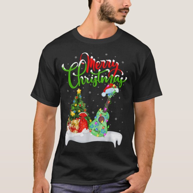 Camiseta Xmas Tree Lights Santa Hat Musical Ukulele Guitar  (Anverso)