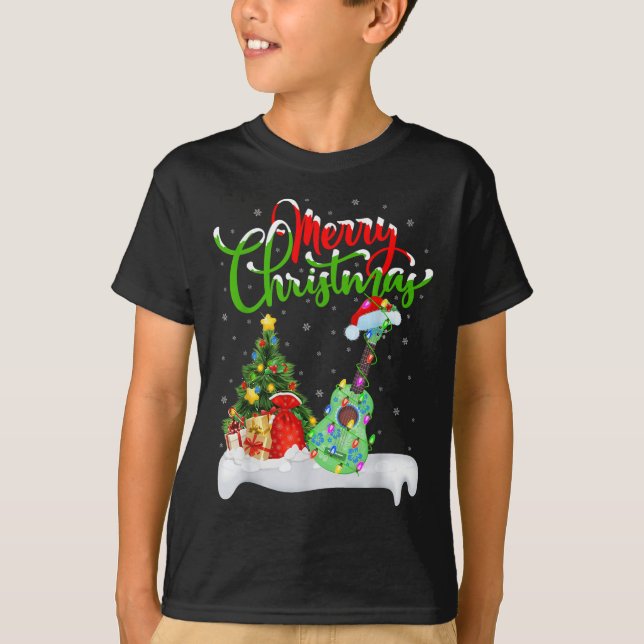 Camiseta Xmas Tree Lights Santa Hat Musical Ukulele Guitar  (Anverso)