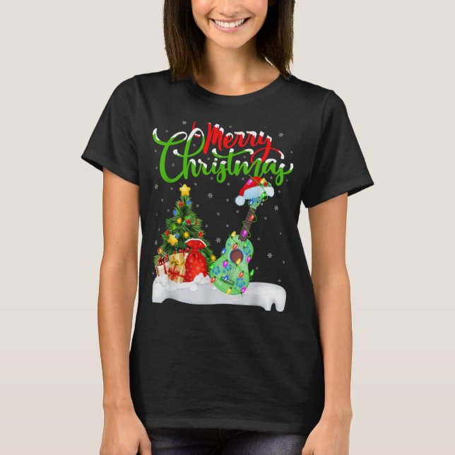 Camiseta Xmas Tree Lights Santa Hat Musical Ukulele Guitar  (Anverso)