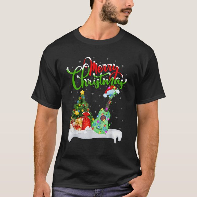 Camiseta Xmas Tree Lights Santa Hat Musical Ukulele Guitar  (Anverso)