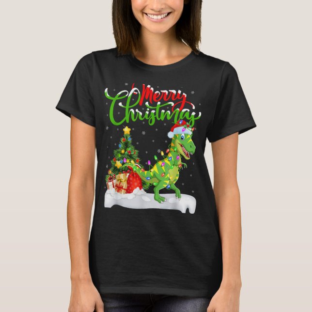 Camiseta Xmas Tree Lights Santa Hat T Rex Dinosaur Christma (Anverso)