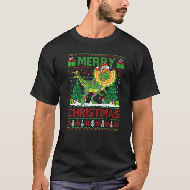 Camiseta Xmas Tree Lights Ugly Santa Dilophosaurus Dinosaur (Anverso)