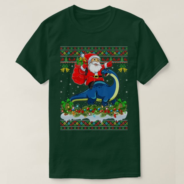 Camiseta Xmas Ugly Santa Riding Brontosaurus Dinosaur Chris (Diseño del anverso)