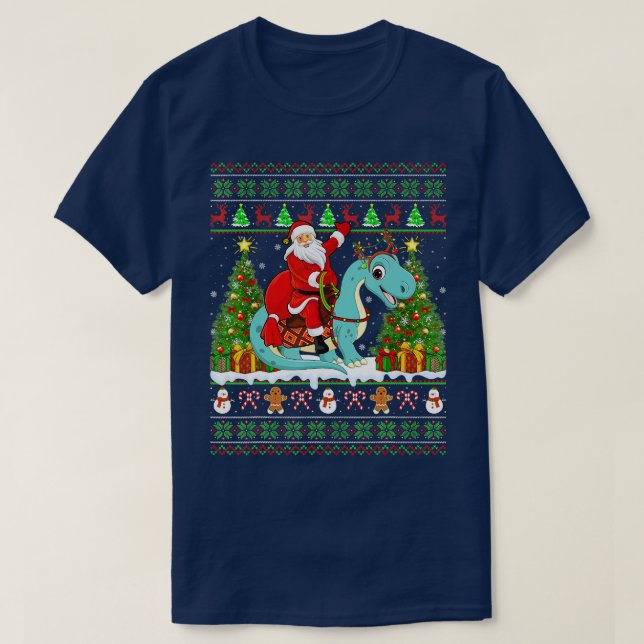 Camiseta Xmas Ugly Santa Riding Brontosaurus Dinosaur Chris (Diseño del anverso)
