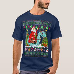 Camiseta Xmas Ugly Santa Riding Brontosaurus Dinosaur Chris