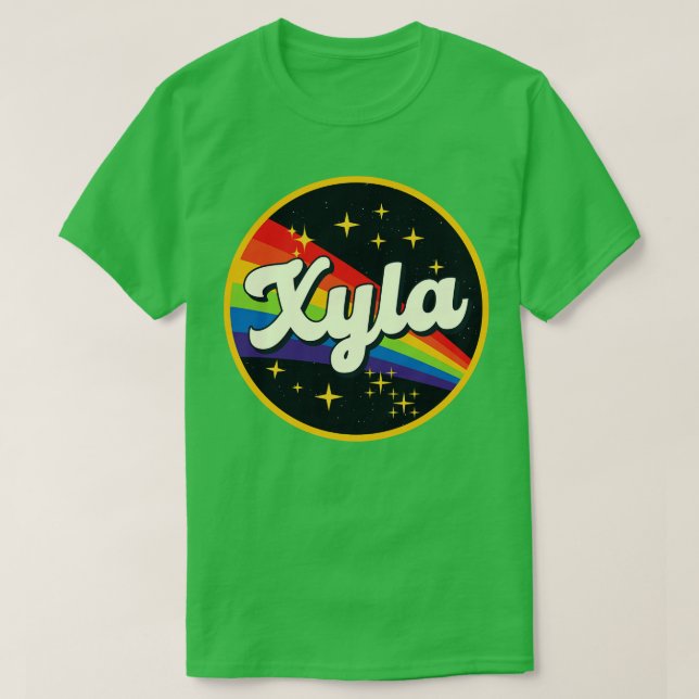 Camiseta Xyla Arcoiris en estilo de vintage espacial (Diseño del anverso)
