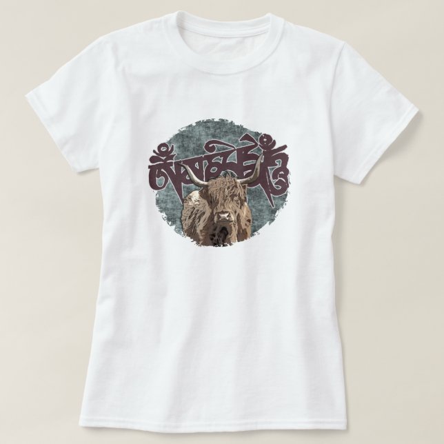 Camiseta Yak tibetano con Mani Mantra (OM MANI PADME HUM) (Diseño del anverso)