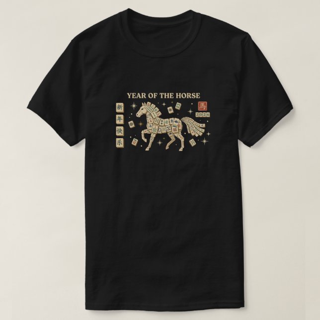 Camiseta Year of the Horse 2026, Retro Mahjong Chinese (Diseño del anverso)