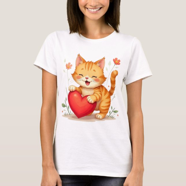 Camiseta Yellow Cat Holding Red Heart Women T-Shirt (Anverso)