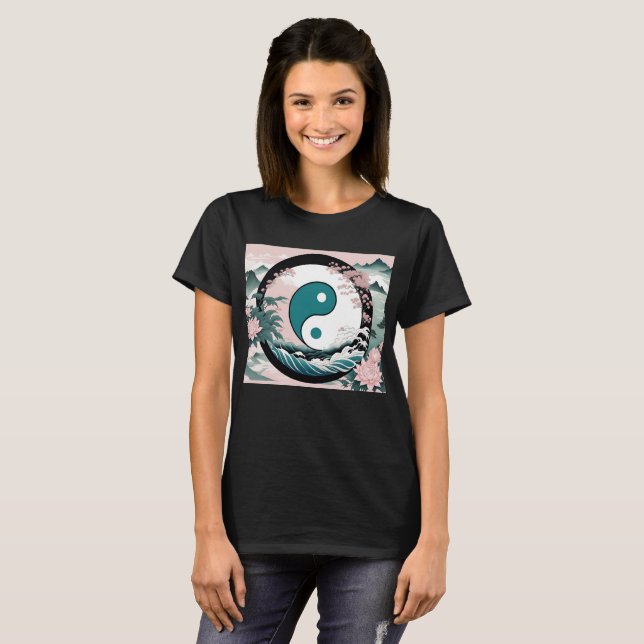 Camiseta Yin Yang, floral, Verde azulado sabio rosa (Anverso completo)
