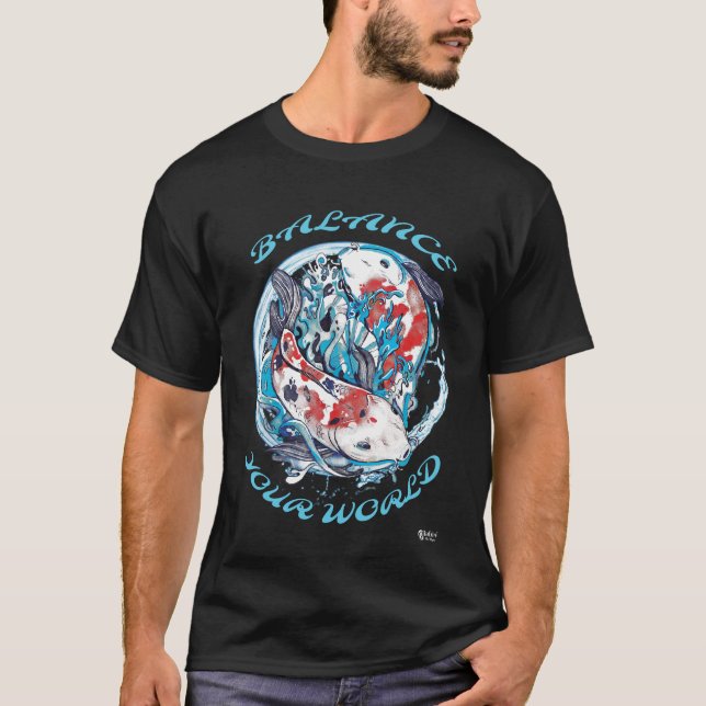 Camiseta Yin Yang Koi Fish Balance tu mundo negro (Anverso)