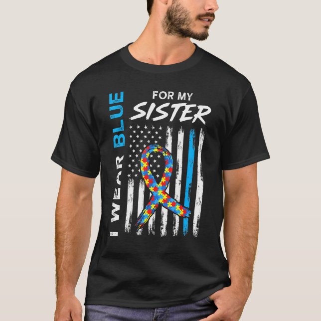 Camiseta Yo Uso Azul Para Mi Hermana Bandera Americana Ribb (Anverso)