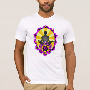 Camiseta Yoga Aum de la meditación, púrpura y amarillo