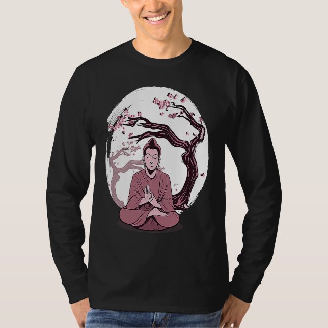 Camiseta Yoga cherry blossom tree meditate Japanese writing (Anverso)