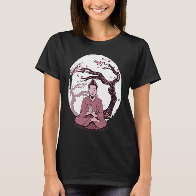 Camiseta Yoga cherry blossom tree meditate Japanese writing (Anverso)