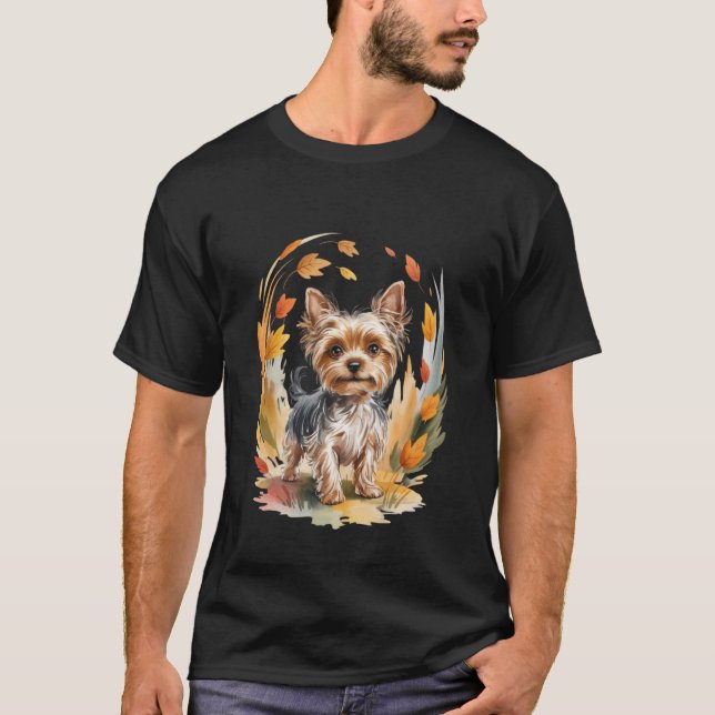 Camiseta Yorkie Autumn Leaves Cute Pet Dog Lover Men Women (Anverso)