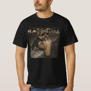 Camiseta Yorkie Bebiendo Café Helado Perro Divertido Animal