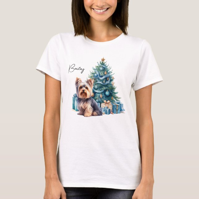 Camiseta Yorkie de nombre de perro personalizado con árbol  (Anverso)