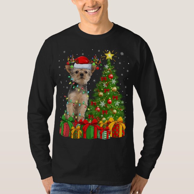 Camiseta Yorkie Dog Lighting Xmas Tree Santa Hat Yorkie Chr (Anverso)