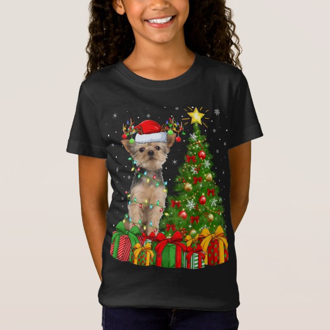 Camiseta Yorkie Dog Lighting Xmas Tree Santa Hat Yorkie Chr (Anverso)