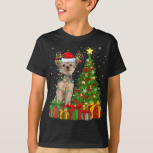 Camiseta Yorkie Dog Lighting Xmas Tree Santa Hat Yorkie Chr