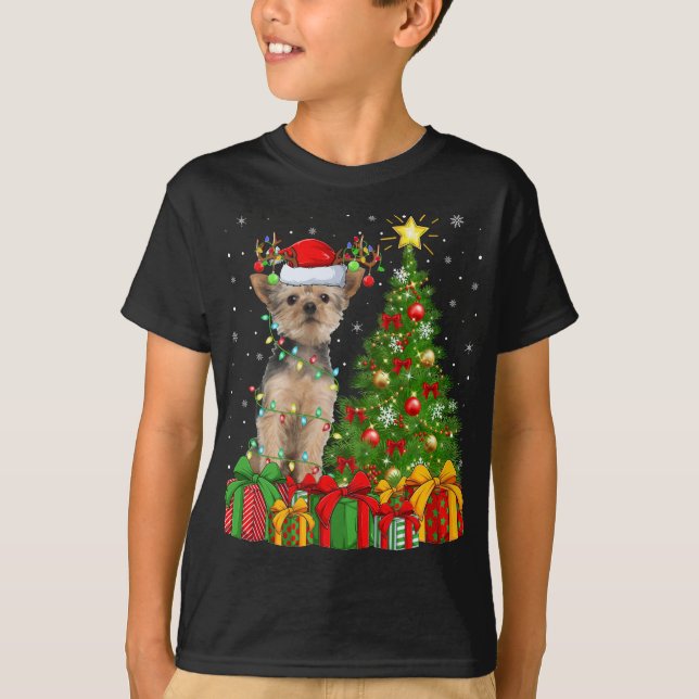 Camiseta Yorkie Dog Lighting Xmas Tree Santa Hat Yorkie Chr (Anverso)
