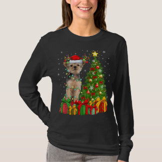 Camiseta Yorkie Dog Lighting Xmas Tree Santa Hat Yorkie Chr