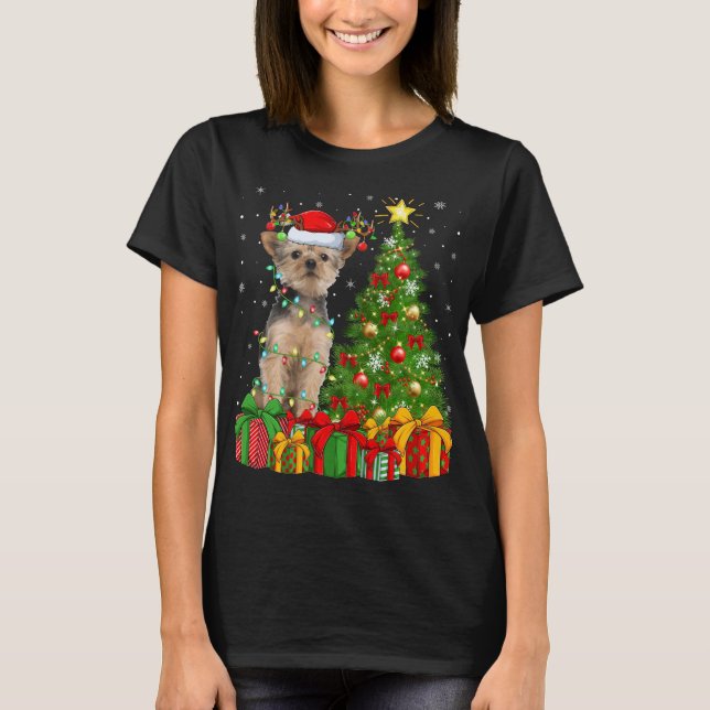 Camiseta Yorkie Dog Lighting Xmas Tree Santa Hat Yorkie Chr (Anverso)