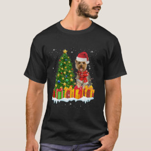 Camiseta Yorkie Dog Lighting Xmas Tree Santa Hat Yorkie Chr